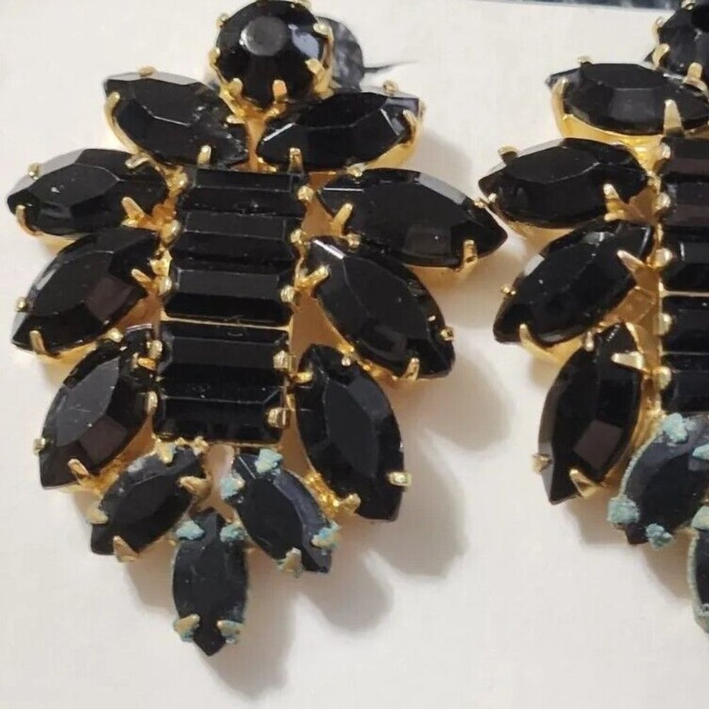 WEISS Black Rhinestone Clip-on Earrings with Gold tone backing-Stunning